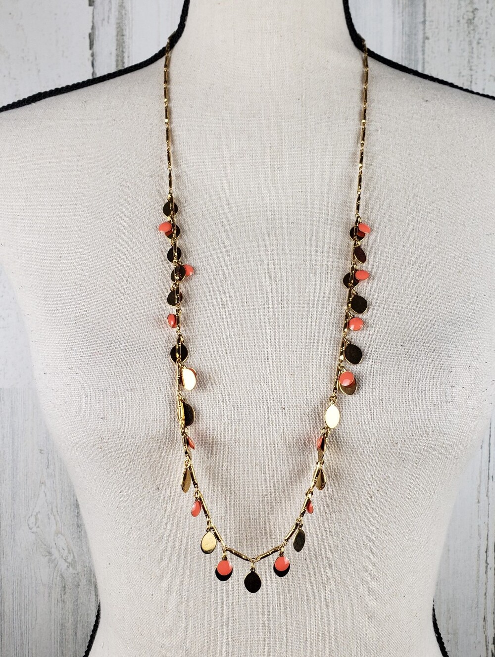 J. Crew Gold Long Necklace with Coral Accents